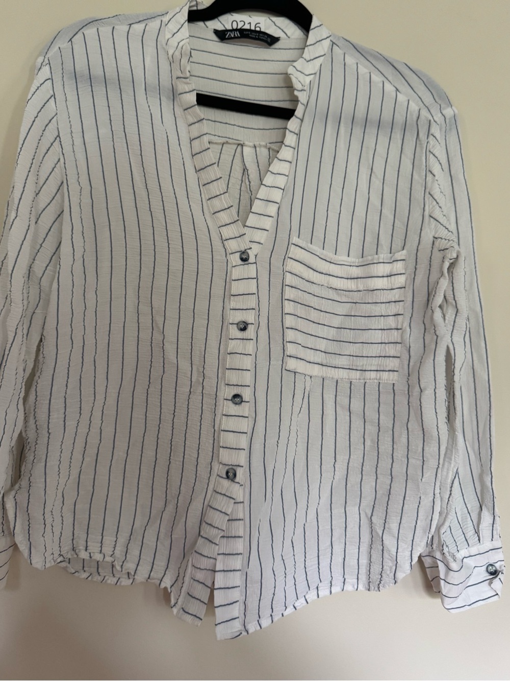 Zara White Shirt with Thin Navy Stripes